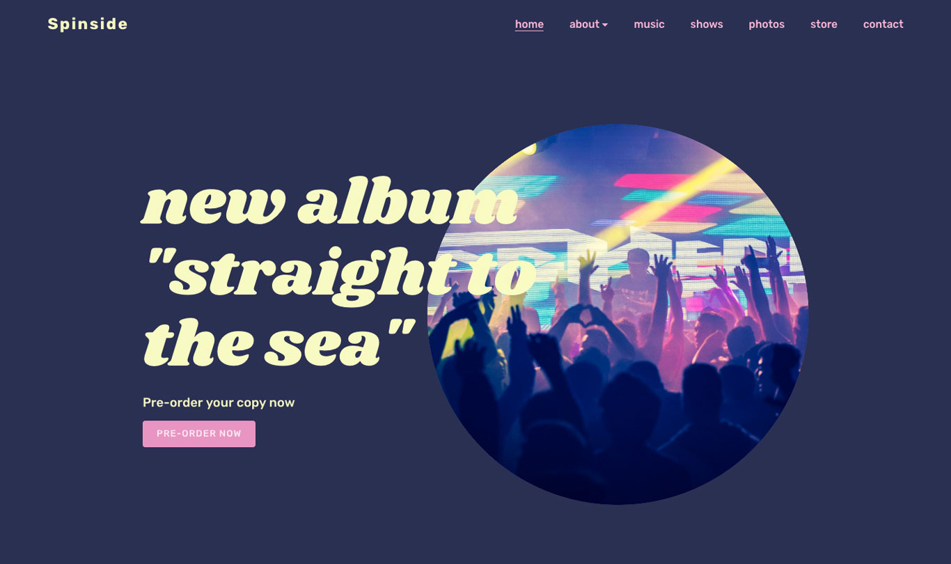 Music website with big header image