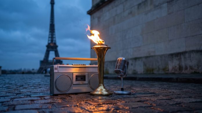 Snoop Dogg Blazes a Trail: A Hip-Hop Legend’s Olympic Moment A golden relay torch burning on Parisian cobblestones beside a vintage microphone and a boombox at dusk