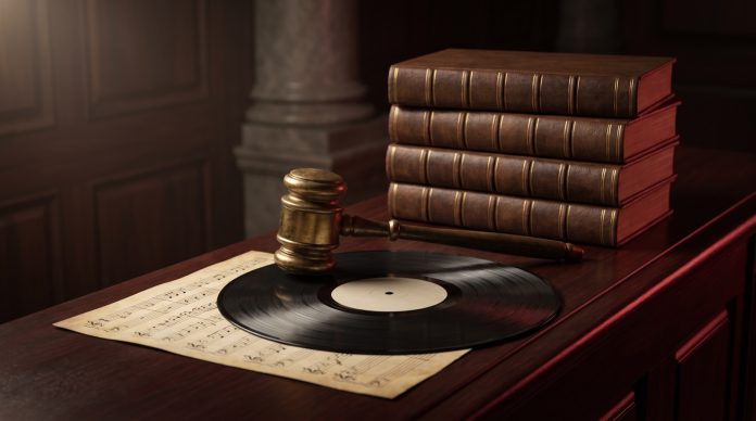 Resolved Legal Battles in Music: What We Learned and What’s Next for the Industry A brass gavel resting on a vinyl record on a courtroom bench beside a stack of law books