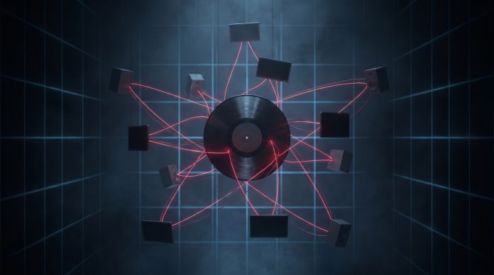 A vinyl record at the centre of a dark grid, connected by glowing red lines to floating screens and speakers