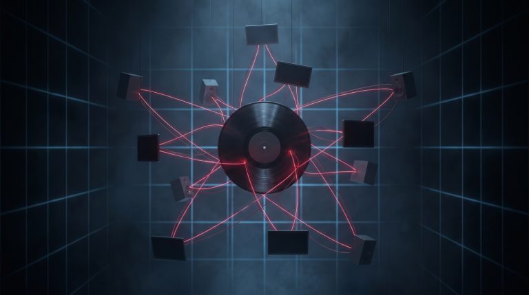A vinyl record at the centre of a dark grid, connected by glowing red lines to floating screens and speakers