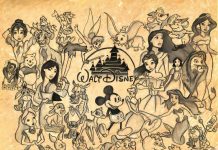 Iconic Disney characters from various eras, representing the evolution of Disney's animated music.