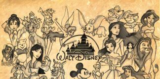 Iconic Disney characters from various eras, representing the evolution of Disney's animated music.