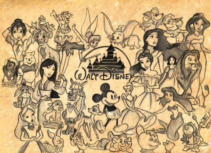 Iconic Disney characters from various eras, representing the evolution of Disney's animated music.