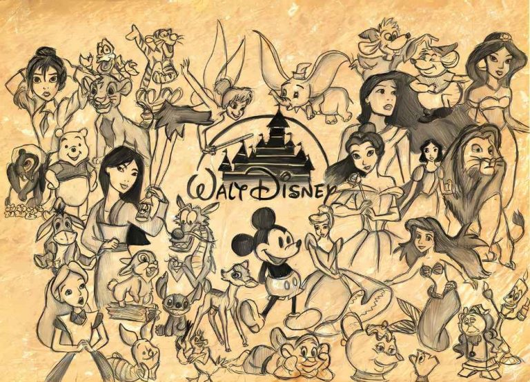 Iconic Disney characters from various eras, representing the evolution of Disney's animated music.