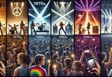 Iconic concert stages from the 70s to 2000s showcasing different production values