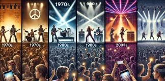 Iconic concert stages from the 70s to 2000s showcasing different production values