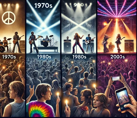 Concert Standards Through the Decades: A Comparative Analysis of the 70s, 80s, 90s, and 2000s Iconic concert stages from the 70s to 2000s showcasing different production values