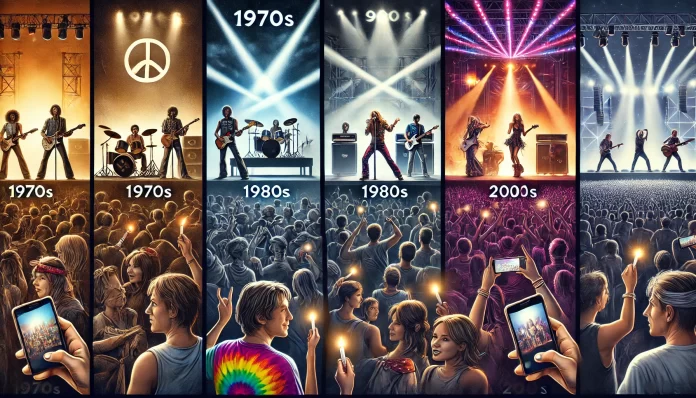 Iconic concert stages from the 70s to 2000s showcasing different production values