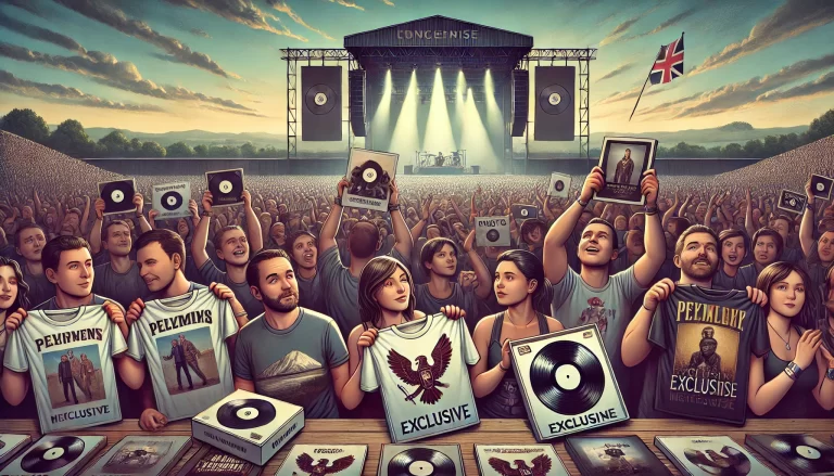 Fans holding merchandise at a concert, symbolizing the cost of loyalty in the music industry.