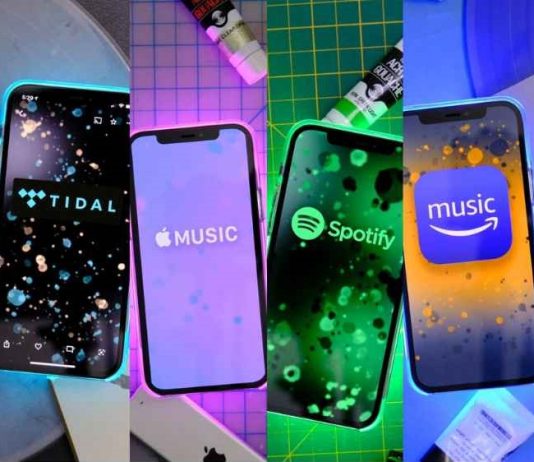 Music streaming apps display various tracks on a smartphone.