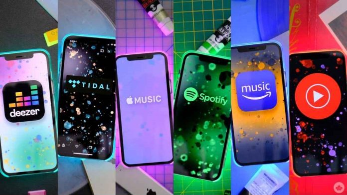 Music streaming apps display various tracks on a smartphone.