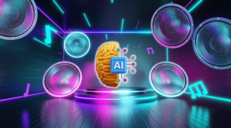 An AI-powered music curation platform with a DJ setup in the background.