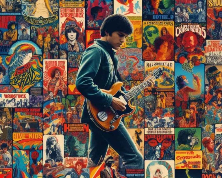 Still image from a music documentary featuring an iconic artist performing on stage