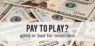 Musicians performing live in a small venue, highlighting the challenges of pay-to-play gigs.