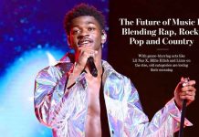 Artists like Lil Nas X and Billie Eilish performing, symbolizing the blurring of genres in modern music