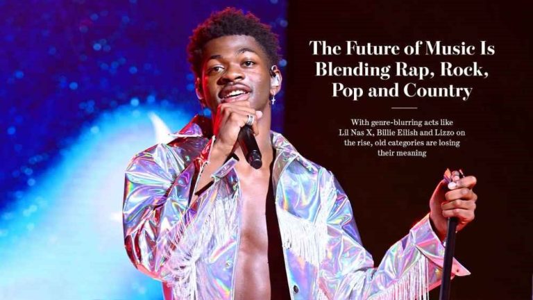 Artists like Lil Nas X and Billie Eilish performing, symbolizing the blurring of genres in modern music