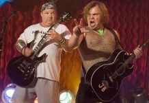 Jack Black performing on stage with his band Tenacious D