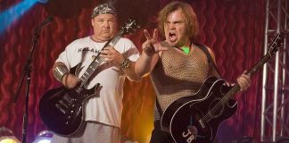 Jack Black performing on stage with his band Tenacious D