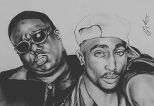 Tupac Shakur and Biggie Smalls in a split-screen image, symbolizing their unsolved murders.