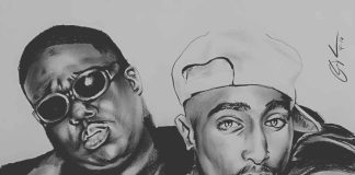 Tupac Shakur and Biggie Smalls in a split-screen image, symbolizing their unsolved murders.