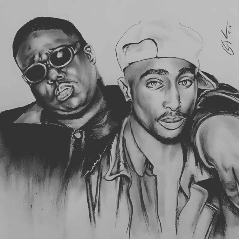 Tupac Shakur and Biggie Smalls in a split-screen image, symbolizing their unsolved murders.
