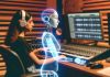 A music producer using AI software to create a song, representing the legal challenges of AI-generated music.