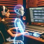 A music producer using AI software to create a song, representing the legal challenges of AI-generated music.