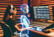 A music producer using AI software to create a song, representing the legal challenges of AI-generated music.