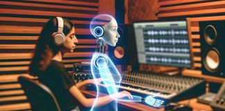 A music producer using AI software to create a song, representing the legal challenges of AI-generated music.