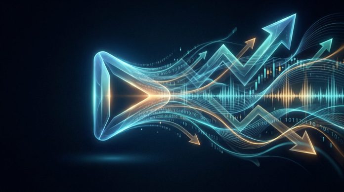 Streaming play button dissolving into market data streams, thematic editorial illustration Abstract illustration of a streaming play button dissolving into rising and falling market arrows and data