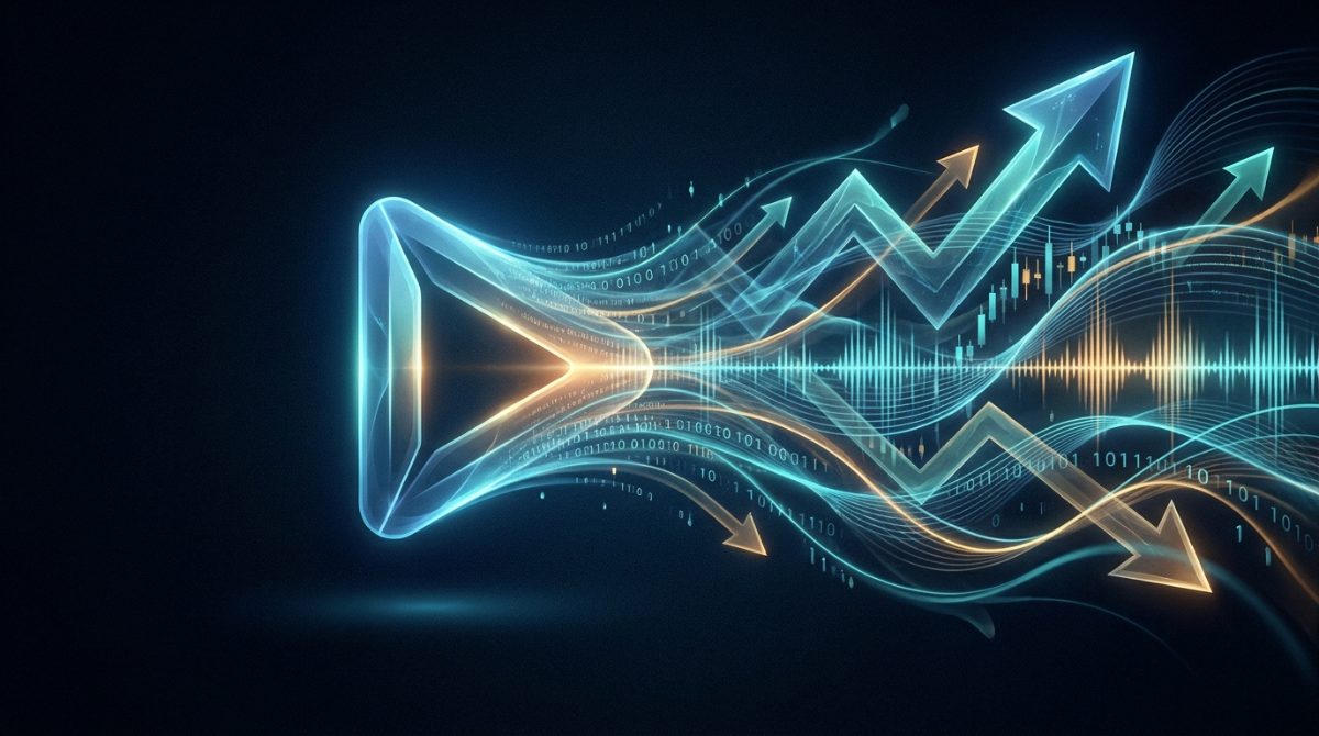 Abstract illustration of a streaming play button dissolving into market data