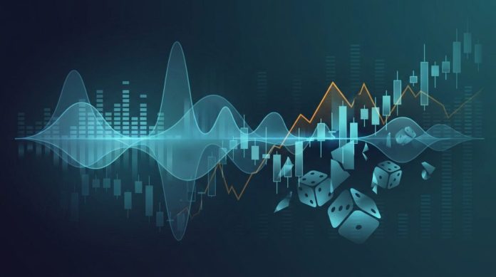 Spotify streaming and prediction-market betting, thematic editorial illustration Abstract illustration of an audio waveform dissolving into market charts and dice