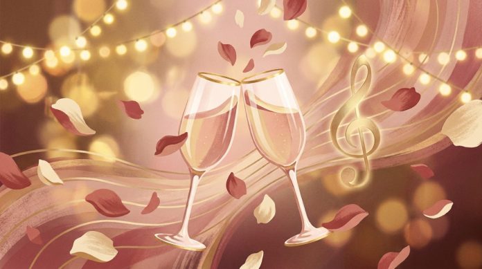 Thematic editorial illustration accompanying Taylor Swift and Travis Kelce's Wedding