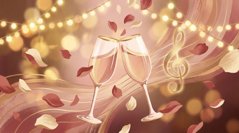 Thematic editorial illustration accompanying Taylor Swift and Travis Kelce's Wedding