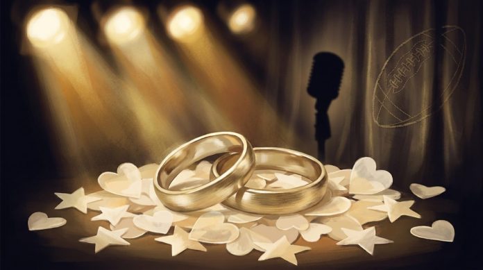 Thematic editorial illustration for Taylor Swift and Travis Kelce's Wedding